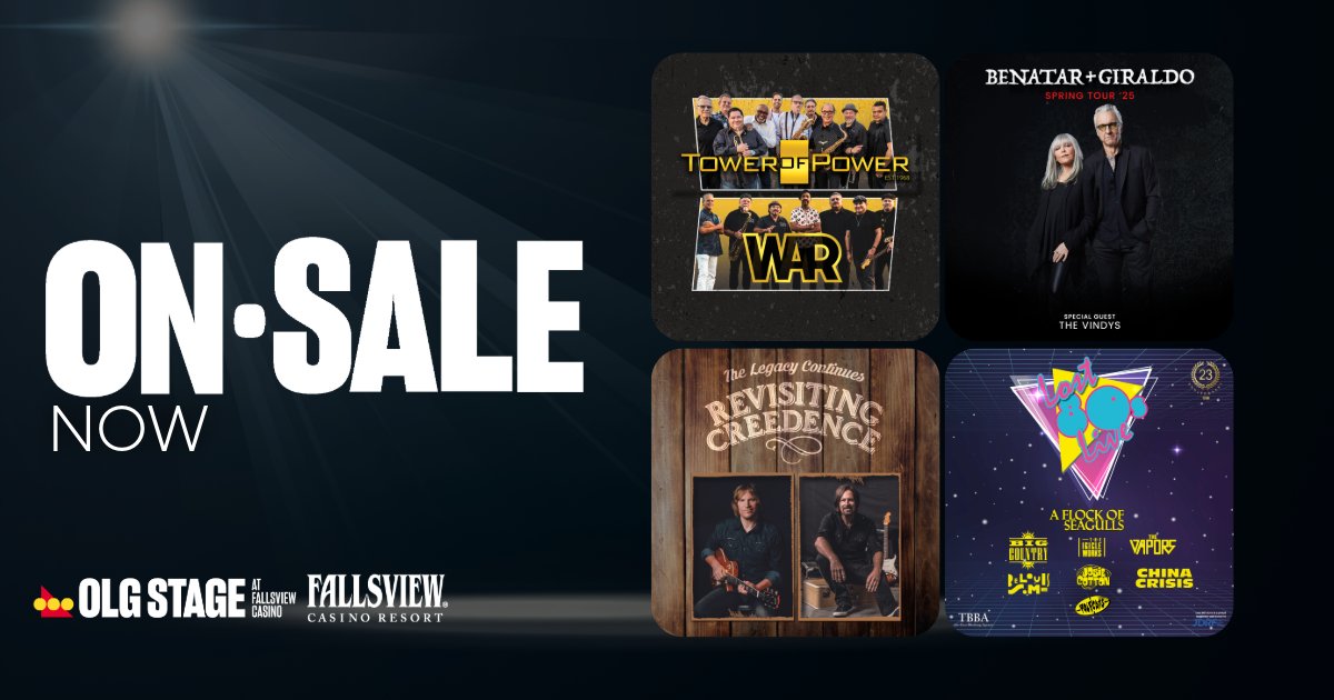 OLG Stage (@olgstage) on Twitter photo 🎫ON-SALE NOW! 🎶 Get ready for even more nights of live entertainment at the OLG Stage <a href="/fallsviewcasino/">Fallsview Casino Resort</a>!
🎸 April 12 - Revisiting Creedence
🎤 May 17 - Pat Benatar & Neil Giraldo
🎷 May 22 - Tower of Power & WAR
🎶 August 8 - Lost 80s Live
Get your tickets now! #OLGStage 🎫ON-SALE NOW! 🎶 Get ready for even more nights of live entertainment at the OLG Stage <a href="/fallsviewcasino/">Fallsview Casino Resort</a>!
🎸 April 12 - Revisiting Creedence
🎤 May 17 - Pat Benatar & Neil Giraldo
🎷 May 22 - Tower of Power & WAR
🎶 August 8 - Lost 80s Live
Get your tickets now! #OLGStage