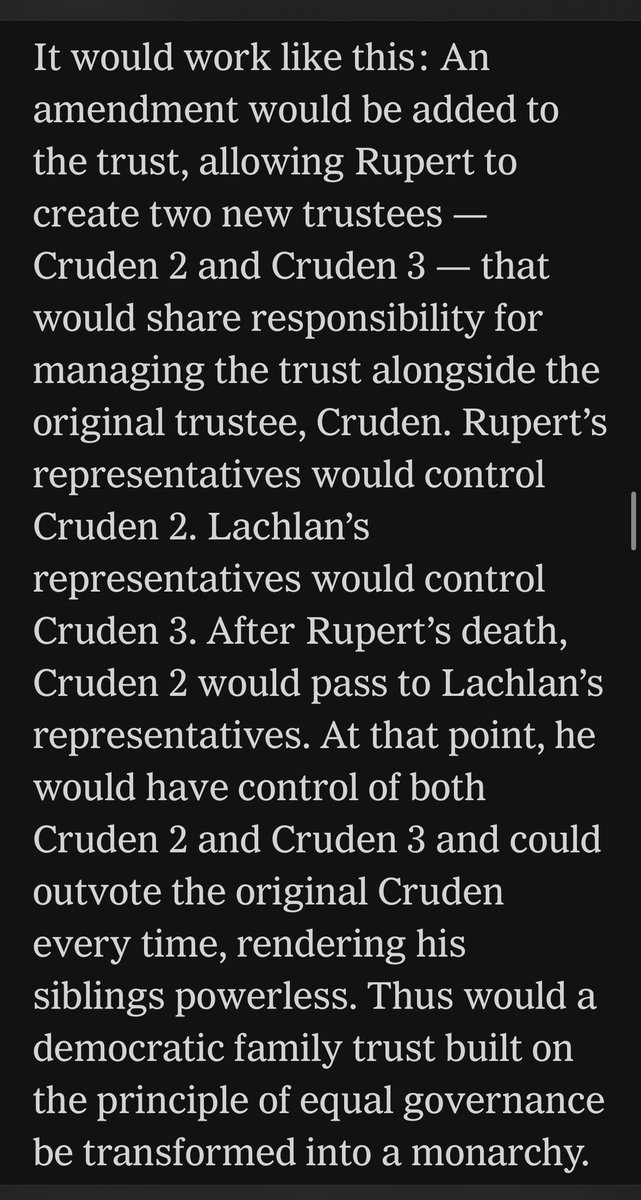 Murdoch tried LME tactic by pulling a Windstream/Revlon/Incora on the family trust to give his eldest son control over his media empire after he dies. HBO’s Succession was gold, but this is platinum.🔥