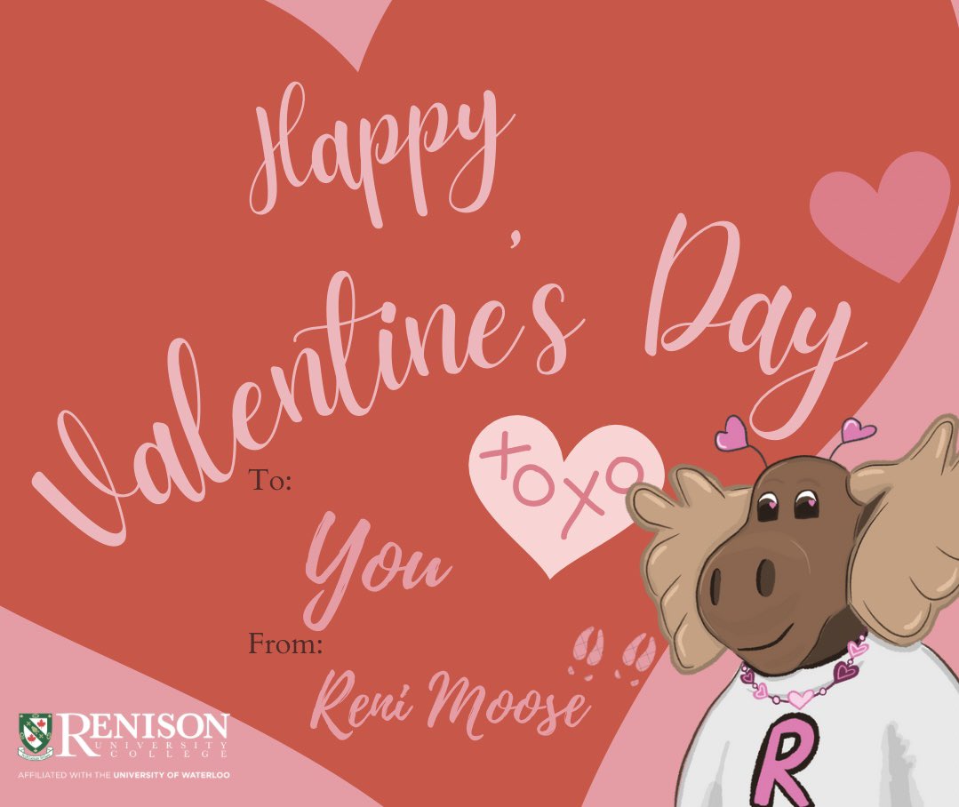 Reni Moose and your Renison community sends you our love for a very happy Valentine’s Day! 💕 🫎 

#UWaterloo #renisonuc #oneskyoverall
