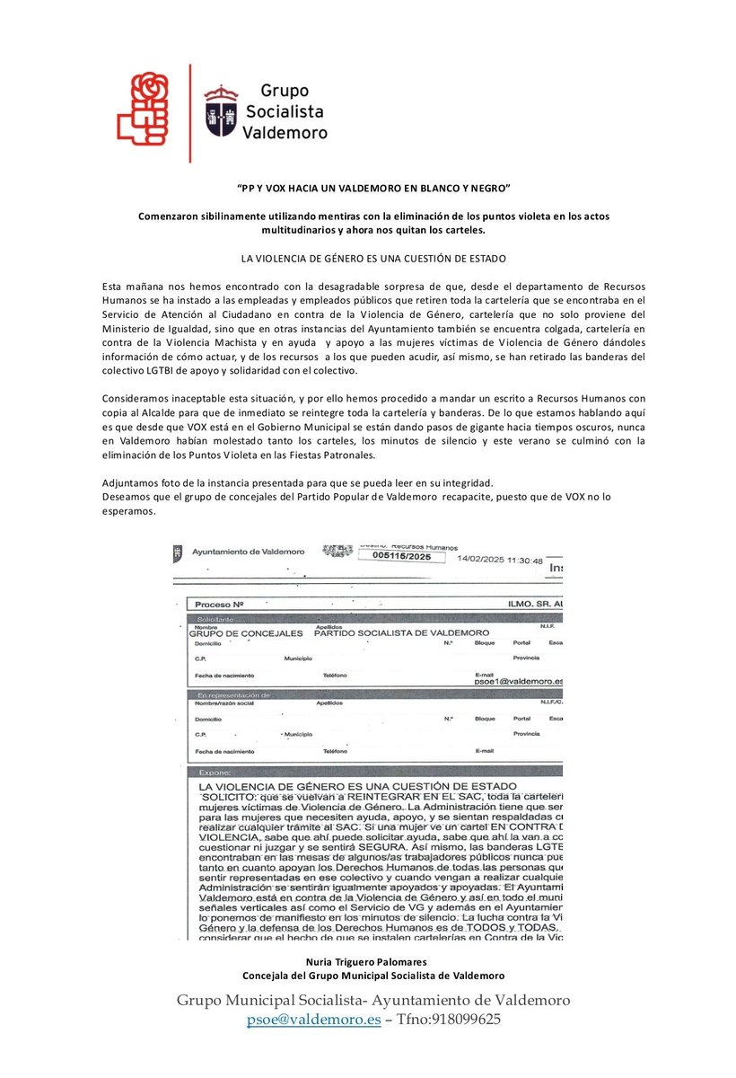 La censura avanza: otro ataque a la dignidad y la libertad🤬.
👉🏼El Ayuntamiento de Valdemoro ha instado a las trabajadoras y trabajadores a retirar los carteles contra la violencia de género ♀️de la Oficina de Atención al Ciudadano, así como las banderas LGTBI 🏳️‍🌈.
Volvemos, sin
