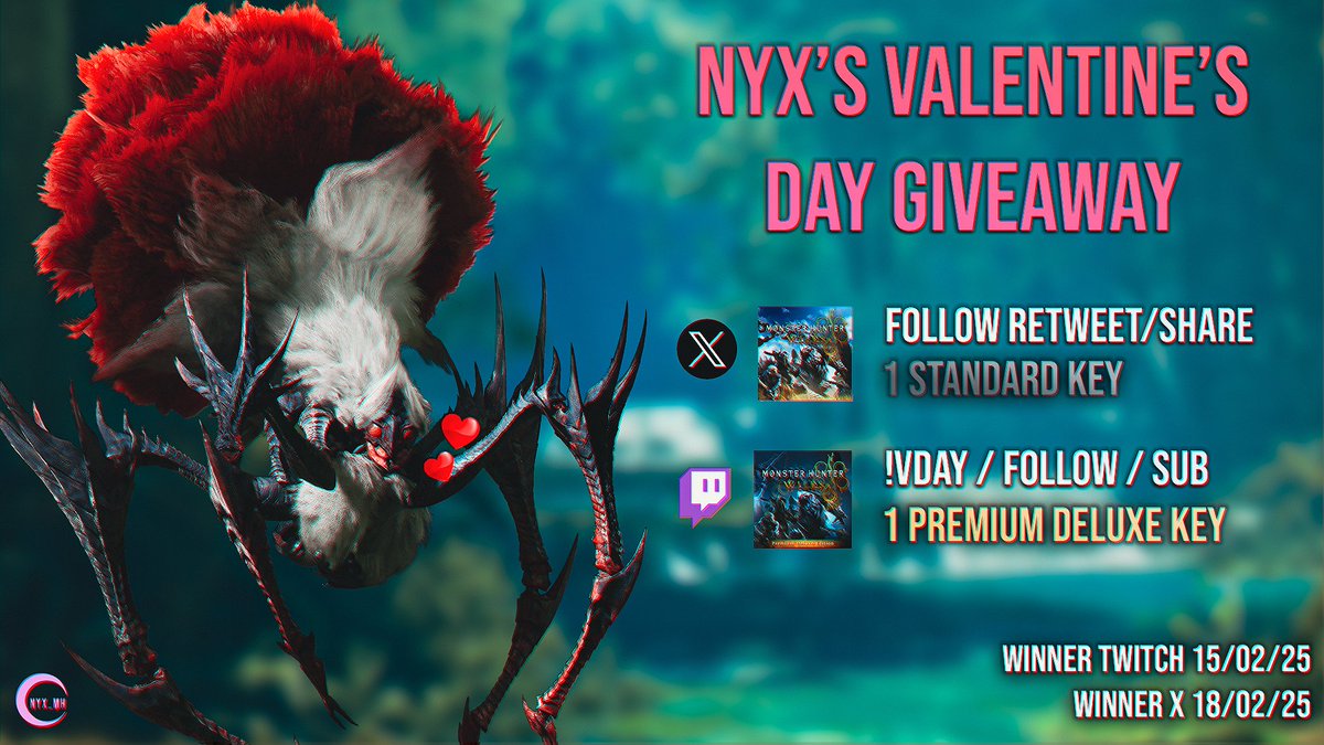 🔴 NOW LIVE
🔗twitch.tv/nyx_mh
VALENTINE'S DAY GIVEAWAY IN ON 💌
➡️ X: 1 Standard Key to Win 
(winner annoucement 18/02/25 11pm GMT+1)
➡️ Twitch: 1 Premium Deluxe Key 
(winner annoucement 15/02/25 11pm GMT+1)
⚠️One participation MAX! / Eligible only if 18+