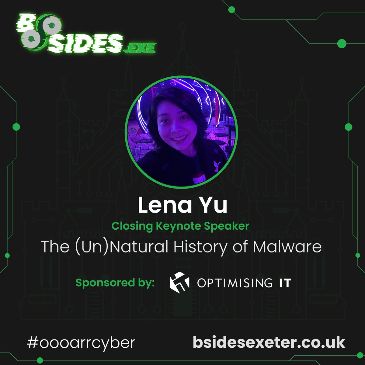BSidesExeter's tweet photo. Monday Morning Massive! Welcome to our Closing Keynote Lena Yu @LambdaMamba  sponsored by Optimising IT | B Corp™ with her talk on The (Un)Natural History of Malware

Grab For Tickets https://t.co/I0DdHrdfeQ

#oooarrcyber https://t.co/i66SWxX2Sj