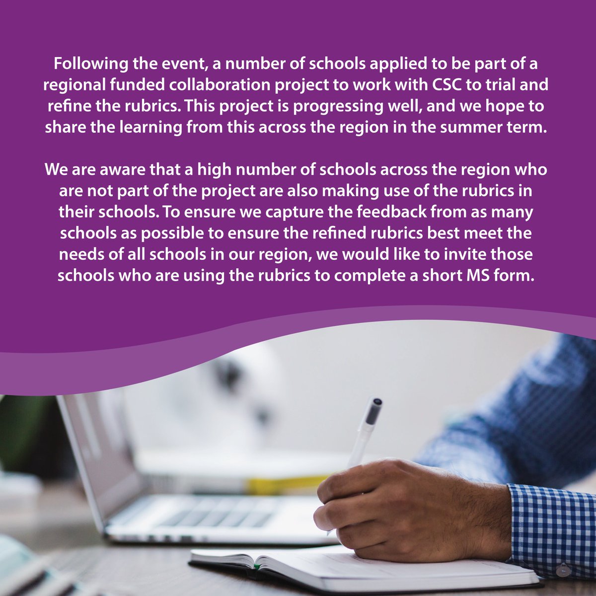 CSC Skills Rubrics  

We are looking to gather feedback from schools in our region who use our CSC Skills Rubrics in their school. 

Let us know your thoughts: ow.ly/u7PR50V09Xu