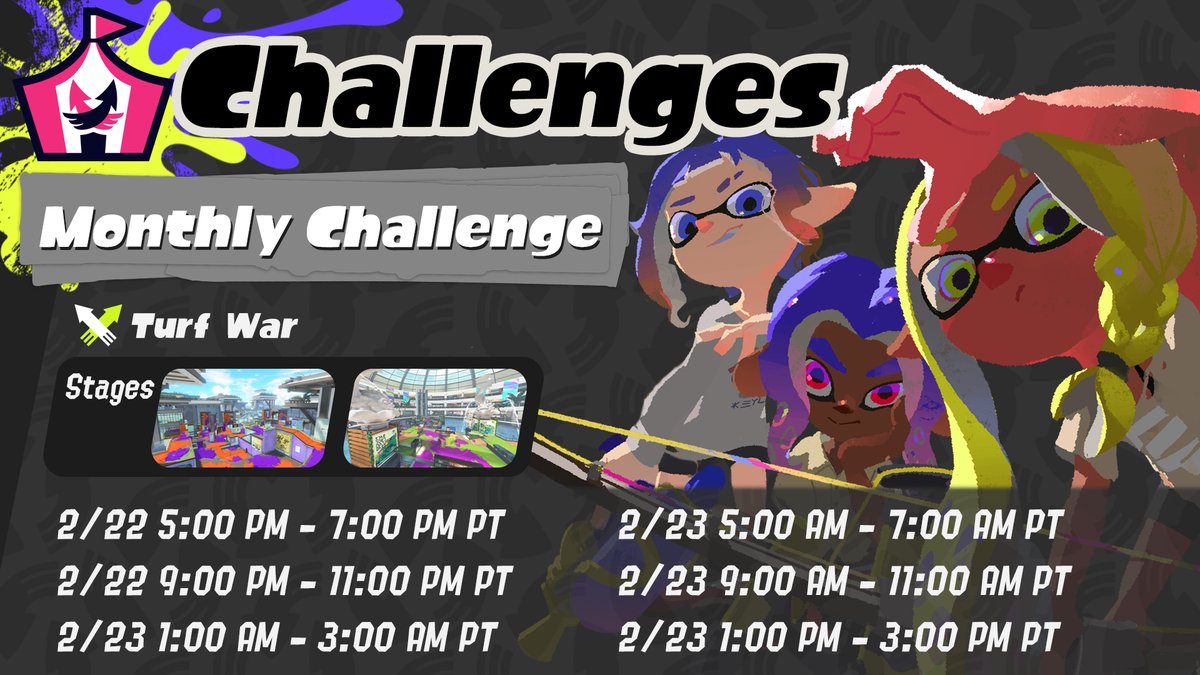 A new Monthly Challenge is happening 2/22 to 2/23. It's a classic Turf War, so get inking and get those Ws!
