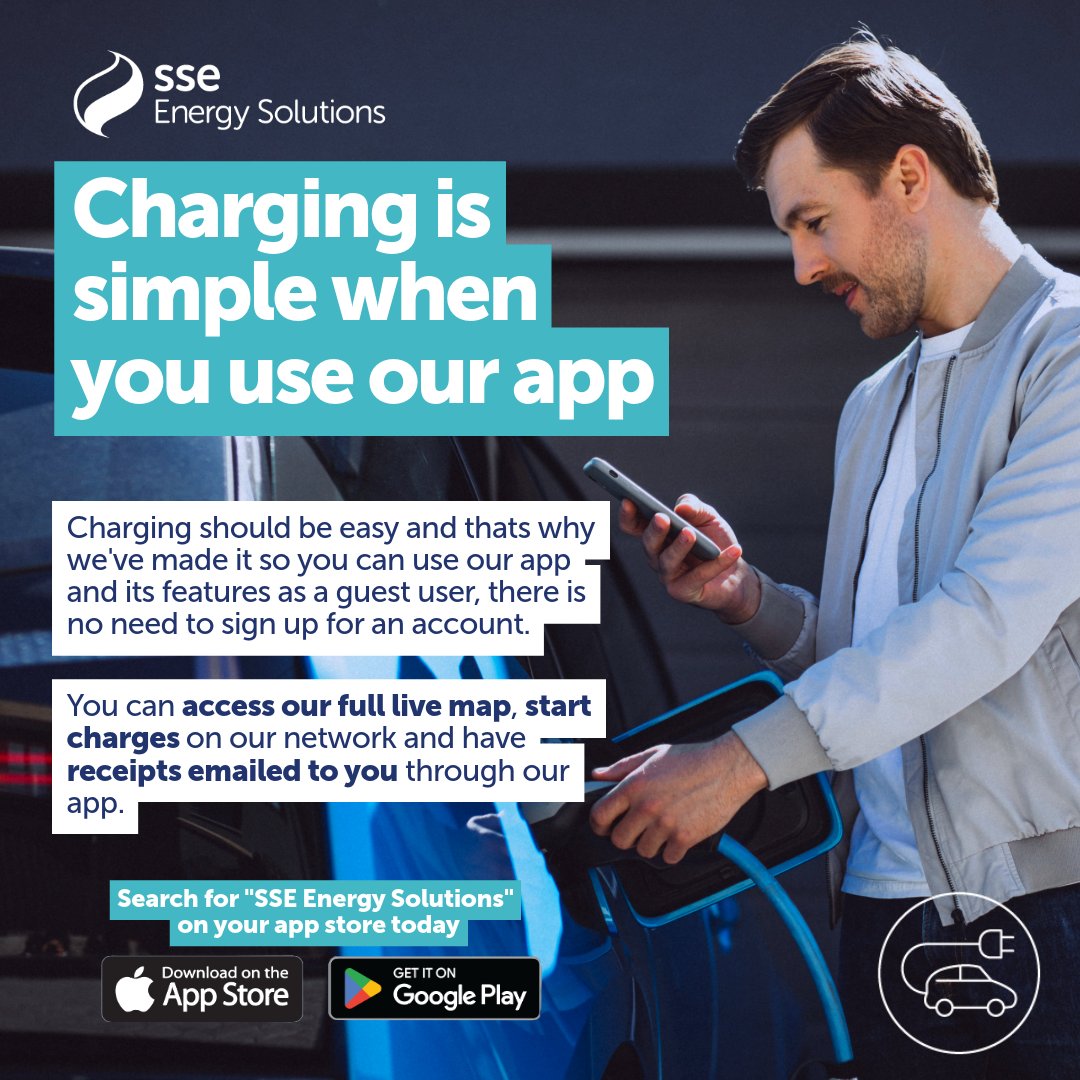 Rev up your EV experience with our latest app update! Explore our live map and charge your EV hassle-free at all our hubs. You can even get receipts straight to your inbox. Download or update our #SSEEnergySolutionsApp now and stay charged up on the go!