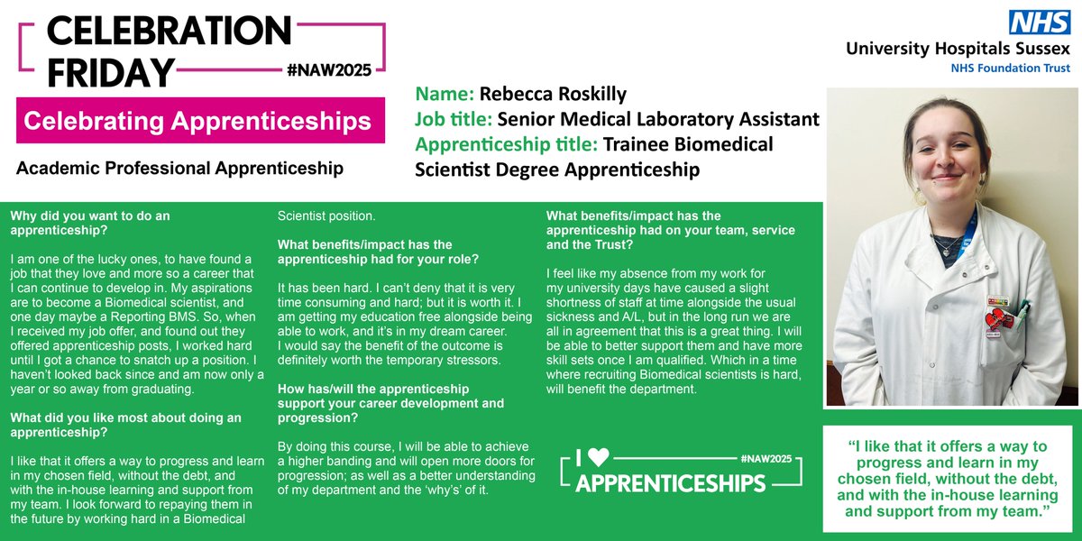 UHSussex Education and Apprenticeships (@uhsx_eduapps) on Twitter photo It’s Celebration Friday. Day 5 of National Apprenticeship Week and we are celebrating our wonderful apprentices. Here is Rebecca Roskilly story! <a href="/UHSussex/">University Hospitals Sussex</a> #NAW25 It’s Celebration Friday. Day 5 of National Apprenticeship Week and we are celebrating our wonderful apprentices. Here is Rebecca Roskilly story! <a href="/UHSussex/">University Hospitals Sussex</a> #NAW25