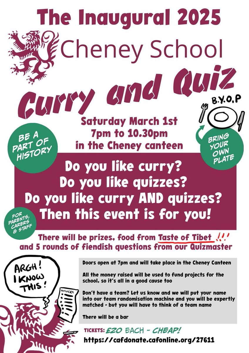 Cheney Friends Curry and Quiz night, Saturday March 1st, 7-10:30pm, Cheney canteen
Tickets still available; the cut-off date is Monday 24 February so please secure your places by then! There will be prizes and food from <a href="/TasteTibet/">Taste Tibet</a>. Get your tickets here: buff.ly/4hCeTnF
