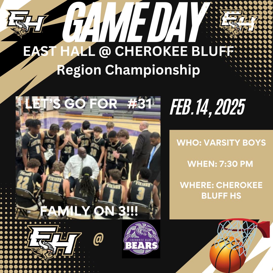 EAST HALL HOOP PROSPECTS (@ehhoopprospects) on Twitter photo It’s GAMEDAY! Your Vikings take on Cherokee Bluff for the 8-AAA Region Championship @ Cherokee Bluff HS. We need VIKING NATION to show up & show out. Let's GO!!
<a href="/KyleSandy355/">Kyle Sandy</a> <a href="/BTS_Report/">Baseline To Sideline(Ωψφ)</a> <a href="/WDUNSports/">AccessWDUN Sports</a>
<a href="/gtimessports/">The Times Sports</a> <a href="/EastHallHoops/">EHallVikingbasketball</a> <a href="/northgareport/">Adrian | Ken</a>
<a href="/Relentless_Hoop/">Relentless Hoops</a> <a href="/NextUpSportsGA/">Next Up Sports GA</a> It’s GAMEDAY! Your Vikings take on Cherokee Bluff for the 8-AAA Region Championship @ Cherokee Bluff HS. We need VIKING NATION to show up & show out. Let's GO!!
<a href="/KyleSandy355/">Kyle Sandy</a> <a href="/BTS_Report/">Baseline To Sideline(Ωψφ)</a> <a href="/WDUNSports/">AccessWDUN Sports</a>
<a href="/gtimessports/">The Times Sports</a> <a href="/EastHallHoops/">EHallVikingbasketball</a> <a href="/northgareport/">Adrian | Ken</a>
<a href="/Relentless_Hoop/">Relentless Hoops</a> <a href="/NextUpSportsGA/">Next Up Sports GA</a>