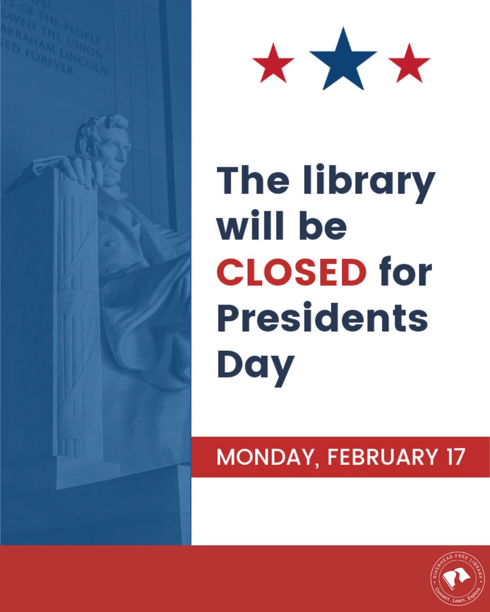 RivFreeLibrary's tweet image. Riverhead Free Library will be closed on Monday, February 17th in observance of President&apos;s Day. Make sure to plan ahead and visit us before the holiday! We’ll be back to regular hours on Tuesday.

#PresidentsDay #LibraryHours #RiverheadFreeLibrary
