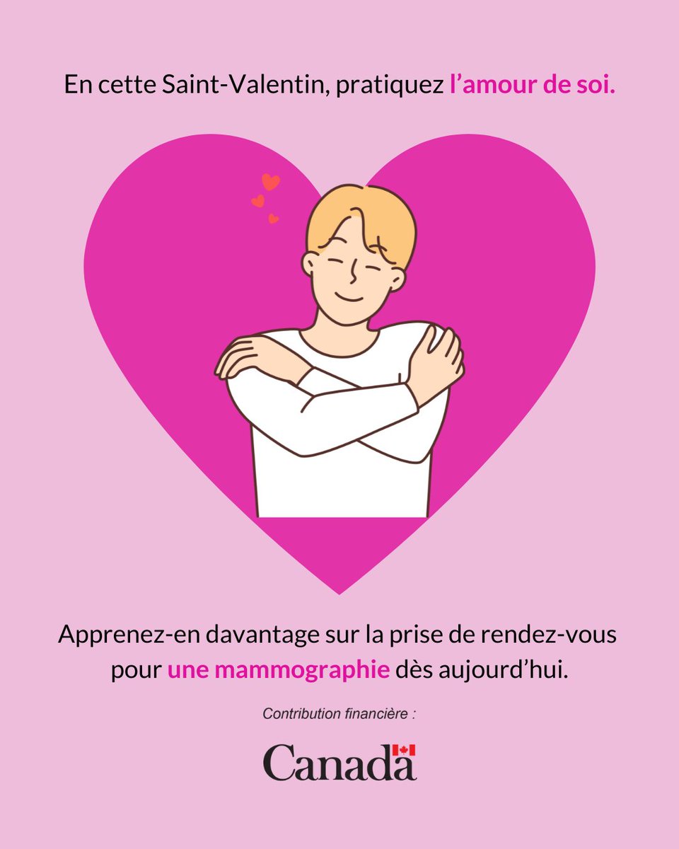 C'est la Saint-Valentin - une journée pour célébrer l'amour sous toutes ses formes, y compris l'amour de soi! 🩷  

Prendre soin de soi, c’est aussi veiller à sa santé.  

Si vous avez entre 40 et 74 ans, vous pouvez être admissible à une mammographie de dépistage selon votre