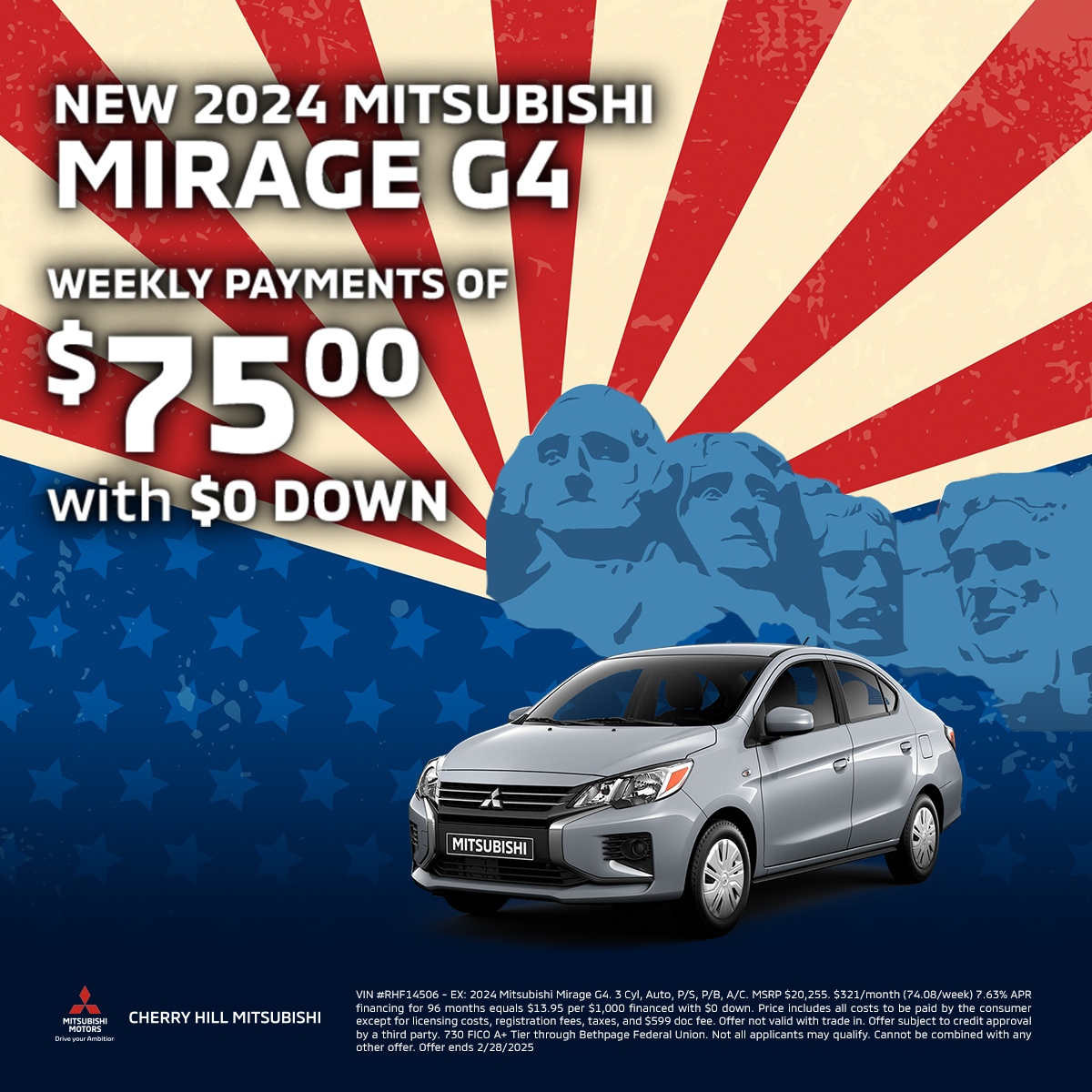 This #PresidentsDayWeekend, drive off the lot with a 2024 #Mitsubishi #MirageG4 with $0 DOWN 🎉 There’s no better time to upgrade your ride so stop by today and claim your deal 🚘 Hurry in before this deal ends! #TGIF