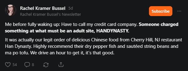 Sasha Zarustin (@sashazarustin) on Twitter photo First laugh of the day: suspicious HANDY NASTY credit card charge. From <a href="/raquelita/">@rachelkramerbussel on Threads and Bluesky</a> First laugh of the day: suspicious HANDY NASTY credit card charge. From <a href="/raquelita/">@rachelkramerbussel on Threads and Bluesky</a>