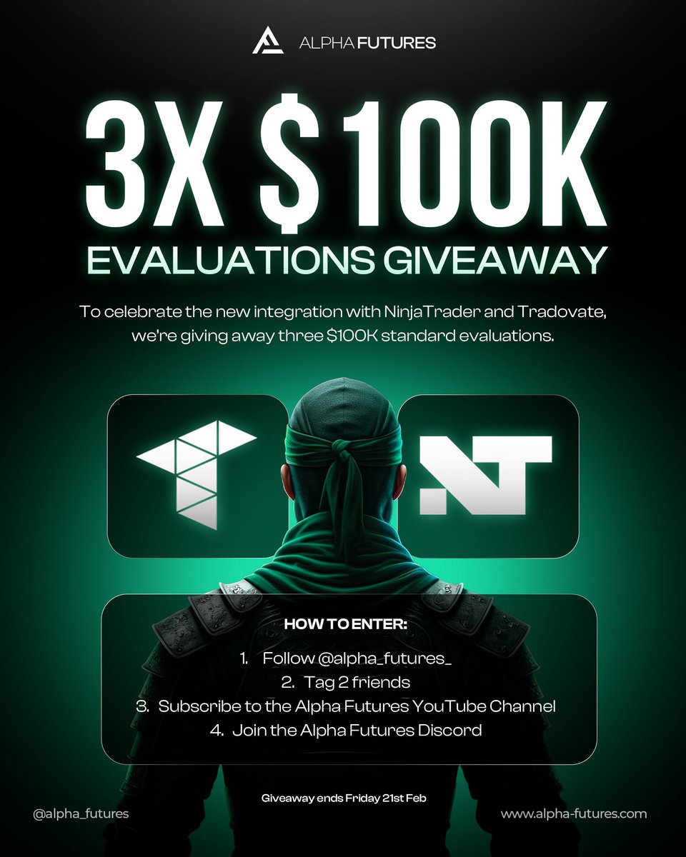 🚨GIVEAWAY ALERT🚨

Celebrating our new integration with NinjaTrader and Tradovate! We're giving away three $100K standard trading evaluations to mark this exciting development.

How to Enter:

▪️Follow @alpha_futures_
▪️Tag 2 trading friends
▪️Hit subscribe on our YouTube