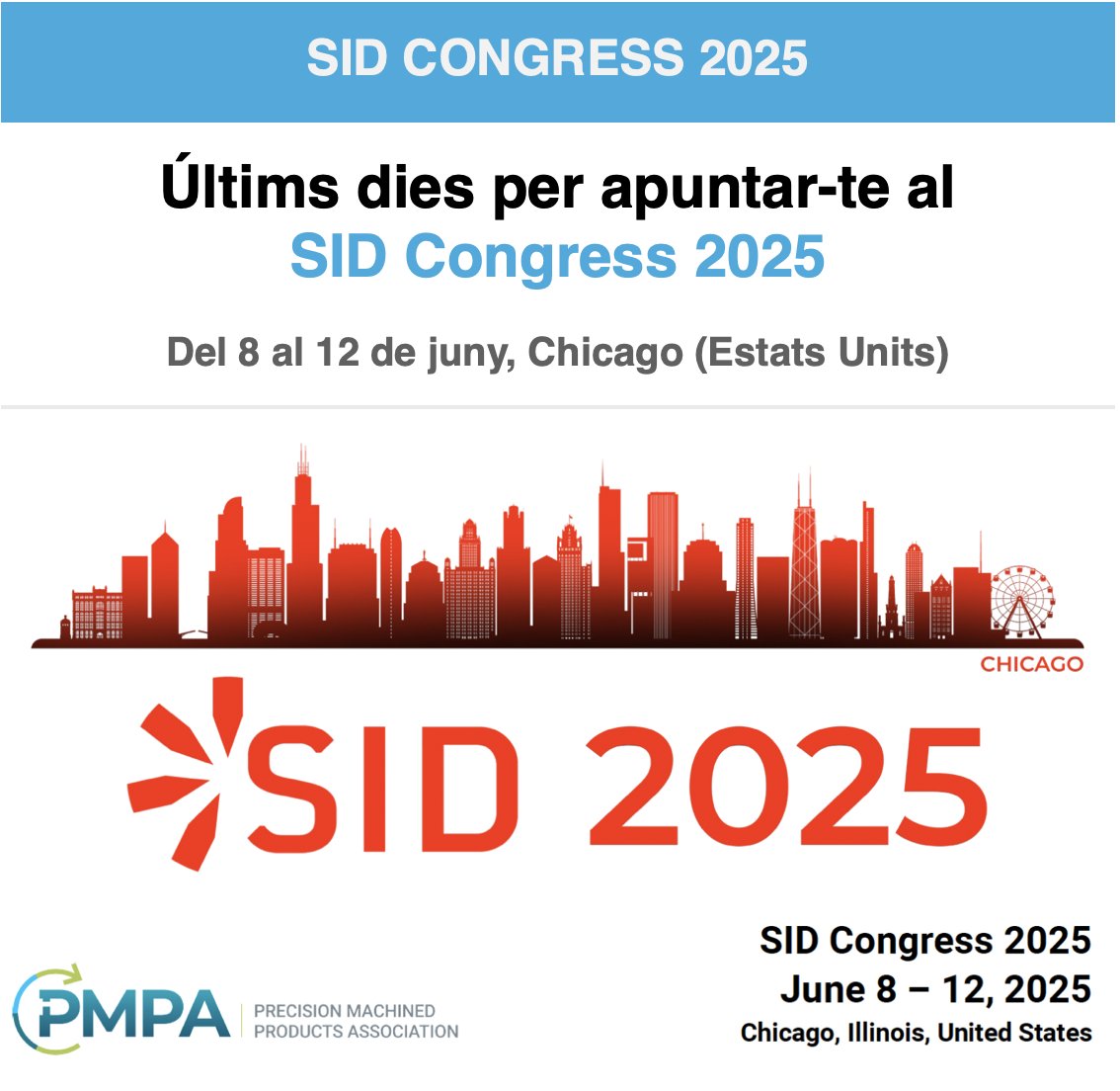 ⏳ Últims dies per apuntar-se al SID CONGRESS 2025!
Del 8 al 12 de juny, Chicago serà l’epicentre del decolletatge i el mecanitzat. No et quedis fora!

📌 Inscripcions obertes aquí 👉 share-eu1.hsforms.com/1USFBB1PfTMmqy…