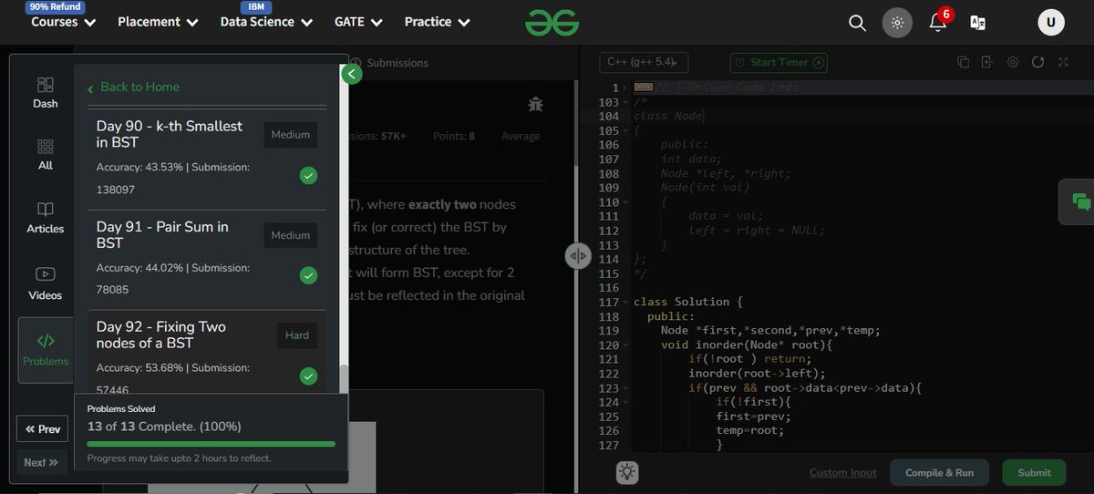 UdayIge's tweet image. #GfG160: 160 days of problem-solving! 🚀

✅ Day 92: Fixing Two nodes of a BST done.

#geekstreakchallenge
#geekstreak2024 #gfg160

@geeksforgeeks