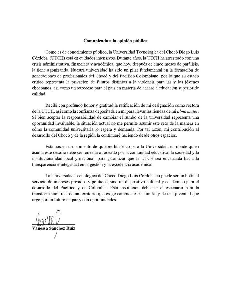 #Comunicado. Comparto mi decisión sobre la ratificación de mi designación como rectora de la Universidad Tecnológica del Chocó Diego Luis Córdoba (UTCH).

Infinita gratitud con quienes han depositado su confianza en mí para asumir este reto.