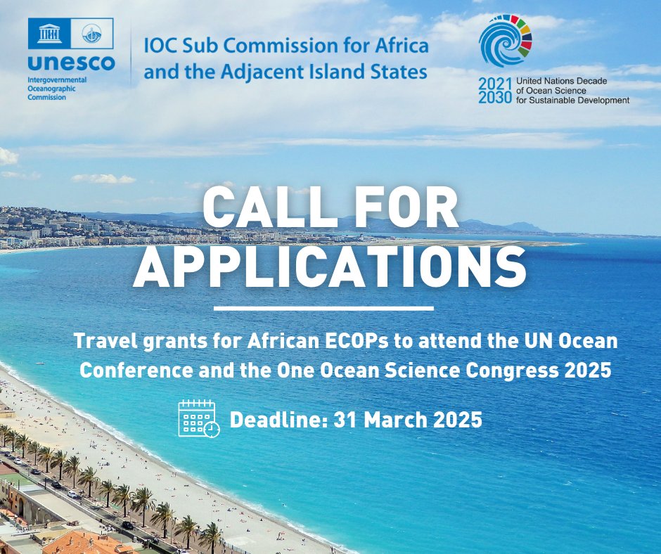 UNESCO Ocean (@iocunesco) on Twitter photo Attention African #ECOPs!
IOCAFRICA is launching a travel grant initiative to support your participation in the One Ocean Science Congress from 3-6 June & 2025 UN Ocean Conference from 9-13 June in Nice, France!
More information 👉ow.ly/ztJq50UZlqU <a href="/OceanDecadeECOP/">Early Career Ocean Professionals</a> Attention African #ECOPs!
IOCAFRICA is launching a travel grant initiative to support your participation in the One Ocean Science Congress from 3-6 June & 2025 UN Ocean Conference from 9-13 June in Nice, France!
More information 👉ow.ly/ztJq50UZlqU <a href="/OceanDecadeECOP/">Early Career Ocean Professionals</a>