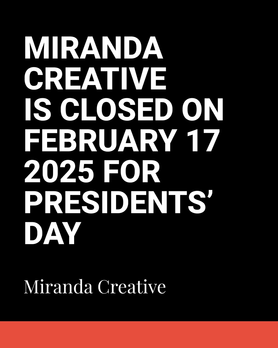 mirandacreative's tweet image. In observance of Presidents' Day, Miranda Creative will be closed on Monday, February 17th. Our team will be back and ready to assist you on Tuesday, February 18th.  

Wishing everyone a restful and reflective holiday! 🇺🇸  

#PresidentsDay #HolidayClosure #MirandaCreative