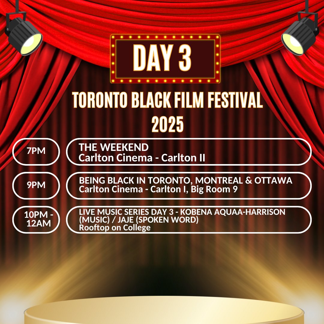 Here’s what’s happening today at #TBFF! Don’t miss out on incredible films, special screenings, and exclusive events. 

Stay tuned! Check back  for updates! 🎥🔥  
You can still grab your tickets at TorontoBlackFilm.com! 🎟️  
 #FilmFestival #TorontoBlackFilm #Torontoevents