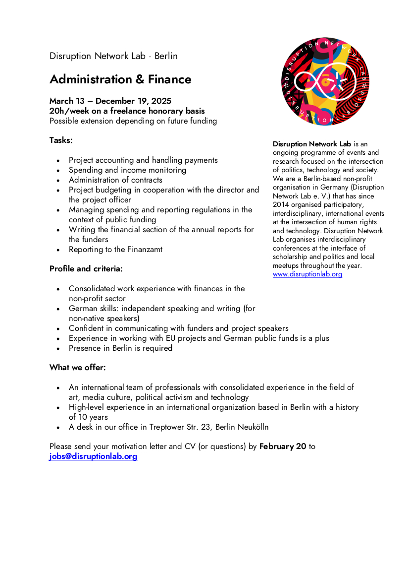 disruptberlin's tweet image. #Openposition at the Disruption Network Lab, starting March 13 in #Berlin.  

Administration &amp;amp; Finance 
Mar 13 – Dec 19, 2025 
20h/week on a freelance honorary basis. The position may be extended. 
Deadline: 20 Feb2025.   

Send CV + motivation letter to:  jobs@disruptionlab.org