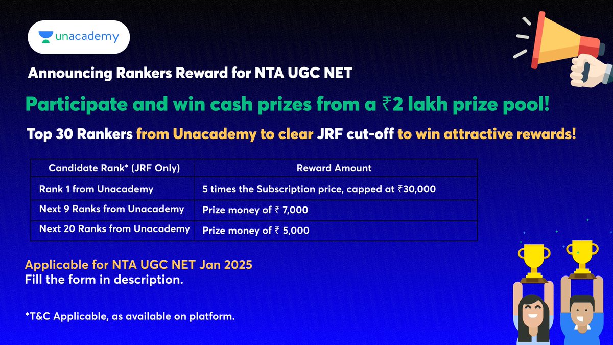 UGCNETUnacademy's tweet image. Rankers Reward Jan 2025 is here get up to 5 times the subscription price🔥🔥 Link: forms.gle/p6PrCLNrwHapFy…
