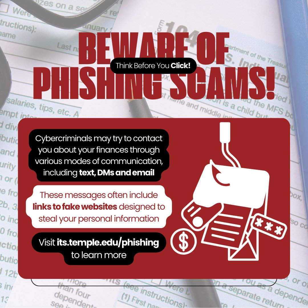 Be on the look out for phishing messages during tax season. Visit its.temple.edu/phishing to learn more. 🧑‍💻🎣 #Phishing #TechTips #TaxSeason #TaxTips #TempleUniversity
