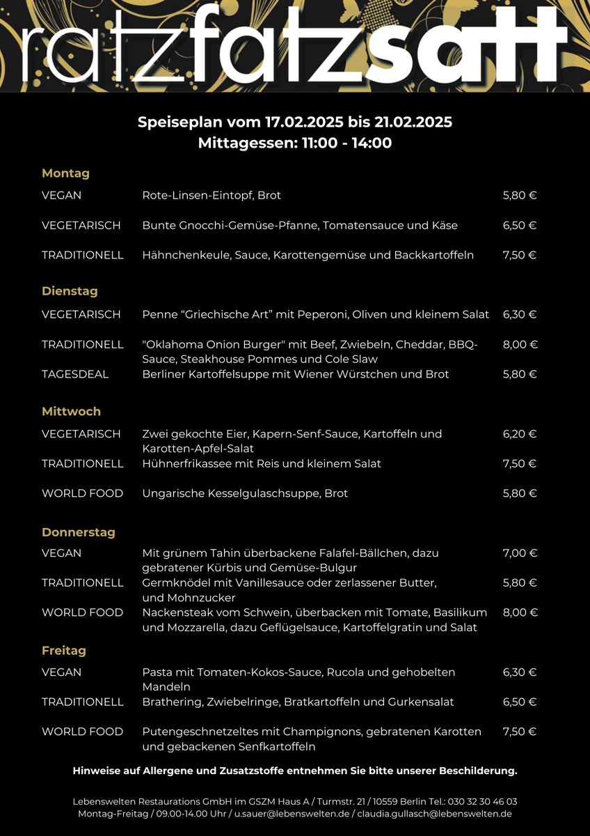 Unsere Karte für die nächste Woche. Wir freuen uns auf euren Besuch!
#ratzfatzsatt