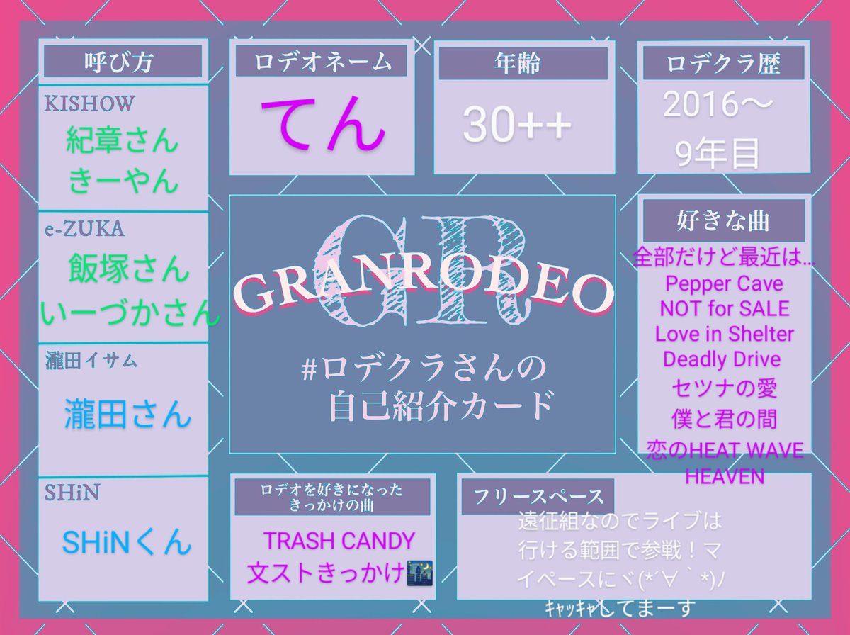 angeladybird10's tweet photo. 新しく作り替えたよ〜(テンプレようやく見つけた！！感謝！！)
紀章さんの歌声とロデオの音楽に射止められております🏹❤️ᩚ
遠征組でイベントやライブへの参戦が少ないからこそ、1回1回を全力で楽しん���いる感じのRGです。どうぞよろしく〜
  #ロデクラさんの自己紹介カード https://t.co/bTvJwTk3AP