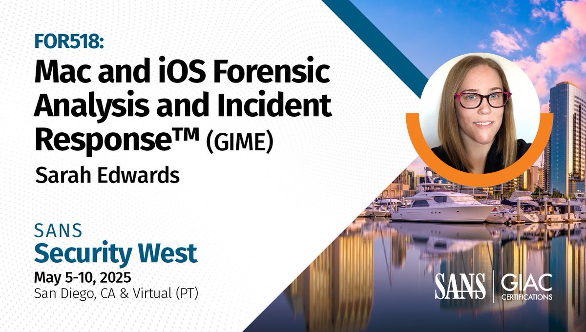 ⛵️Join me on the waterfront in San Diego for FOR518! ⚓️

💻New dataset with macOS 15 and iOS 18!📱
📄New workbook with 20+ NEW labs!
🧩New CTF Day 6 Challenges!
📱Updated <a href="/CorelliumHQ/">Corellium</a> devices!

Find out more here: sans.org/for518