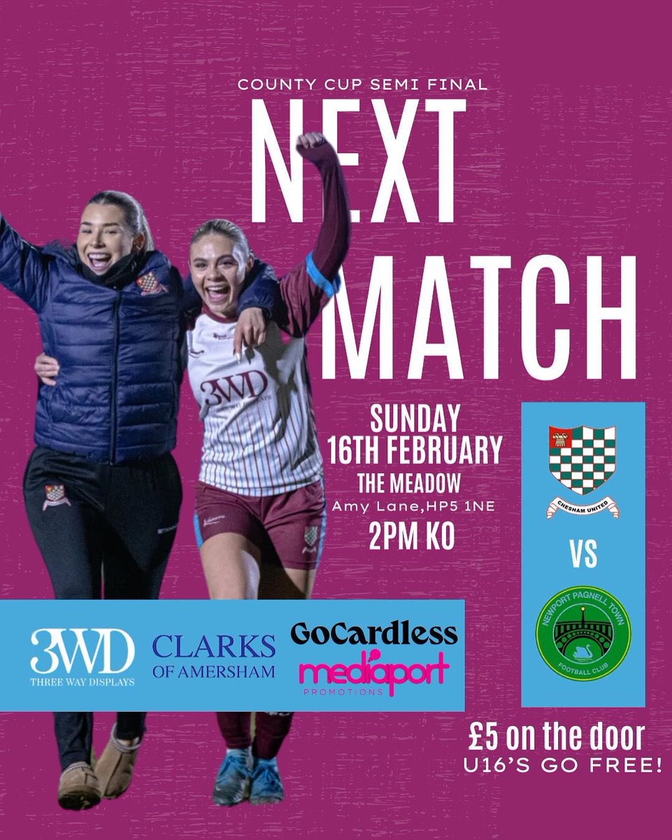 Chesham United FC Women (@cheshamutdlfc) on Twitter photo After last night’s thriller we’re already building up to our game on Sunday in the semi-final of the <a href="/BerksandBucksFA/">Berks & Bucks FA</a> Senior Cup. 2pm kick-off against <a href="/nptfc/">Newport Pagnell Town FC</a>. See you there, and if you can’t make it <a href="/MottysMic/">Christofer Walker</a> will be broadcasting live from 1:45 (broadcast sponsored by <a href="/Gasp_4/">…Gasp!</a>) After last night’s thriller we’re already building up to our game on Sunday in the semi-final of the <a href="/BerksandBucksFA/">Berks & Bucks FA</a> Senior Cup. 2pm kick-off against <a href="/nptfc/">Newport Pagnell Town FC</a>. See you there, and if you can’t make it <a href="/MottysMic/">Christofer Walker</a> will be broadcasting live from 1:45 (broadcast sponsored by <a href="/Gasp_4/">…Gasp!</a>)