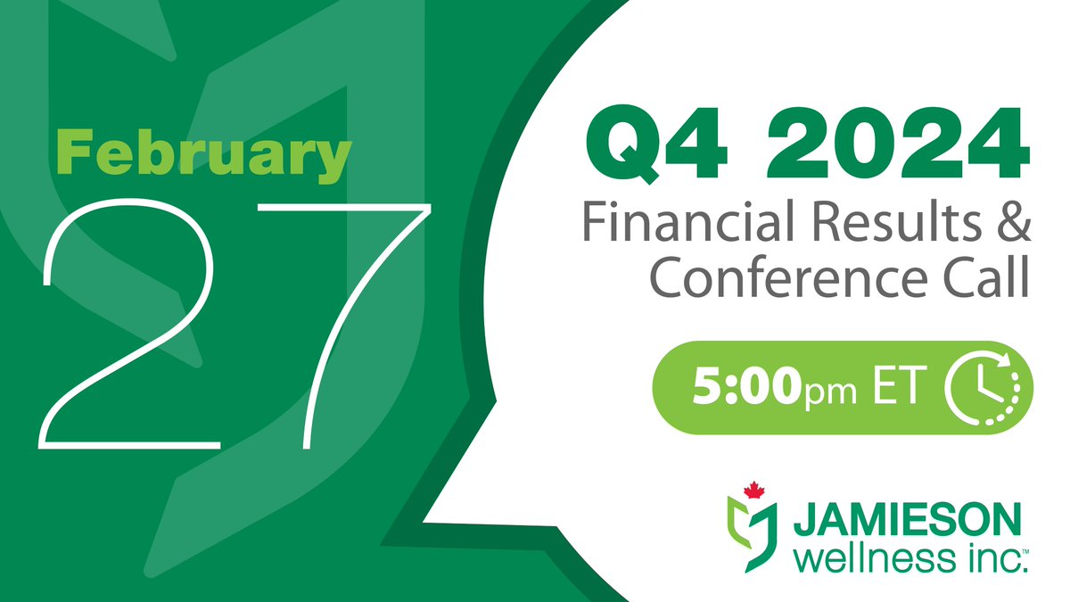 Our Q4 and Full Year 2024 Financial Results and Conference Call is coming up on February 27 at 5 p.m. EST.

Visit our website for more details and to register for the webcast: jamiesonwellness.com/English/news-a…