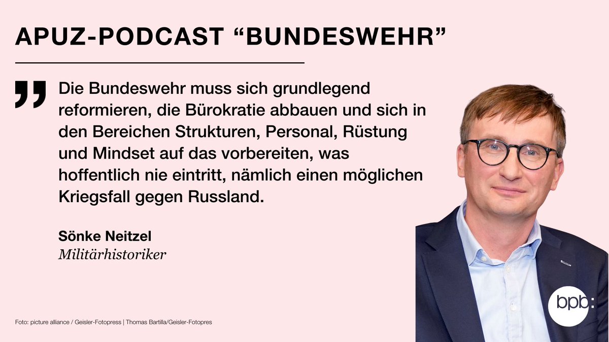 Wie ist die #Bundeswehr aufgestellt? In der aktuellen Folge des APuZ-Podcasts sprechen wir mit Sönke Neitzel, Ole Nymoen und Maja Bächler über das Verhältnis der Deutschen zu ihrer Armee, eine mögliche Wehrpflicht und das Konzept der Inneren Führung: bpb.de/558670