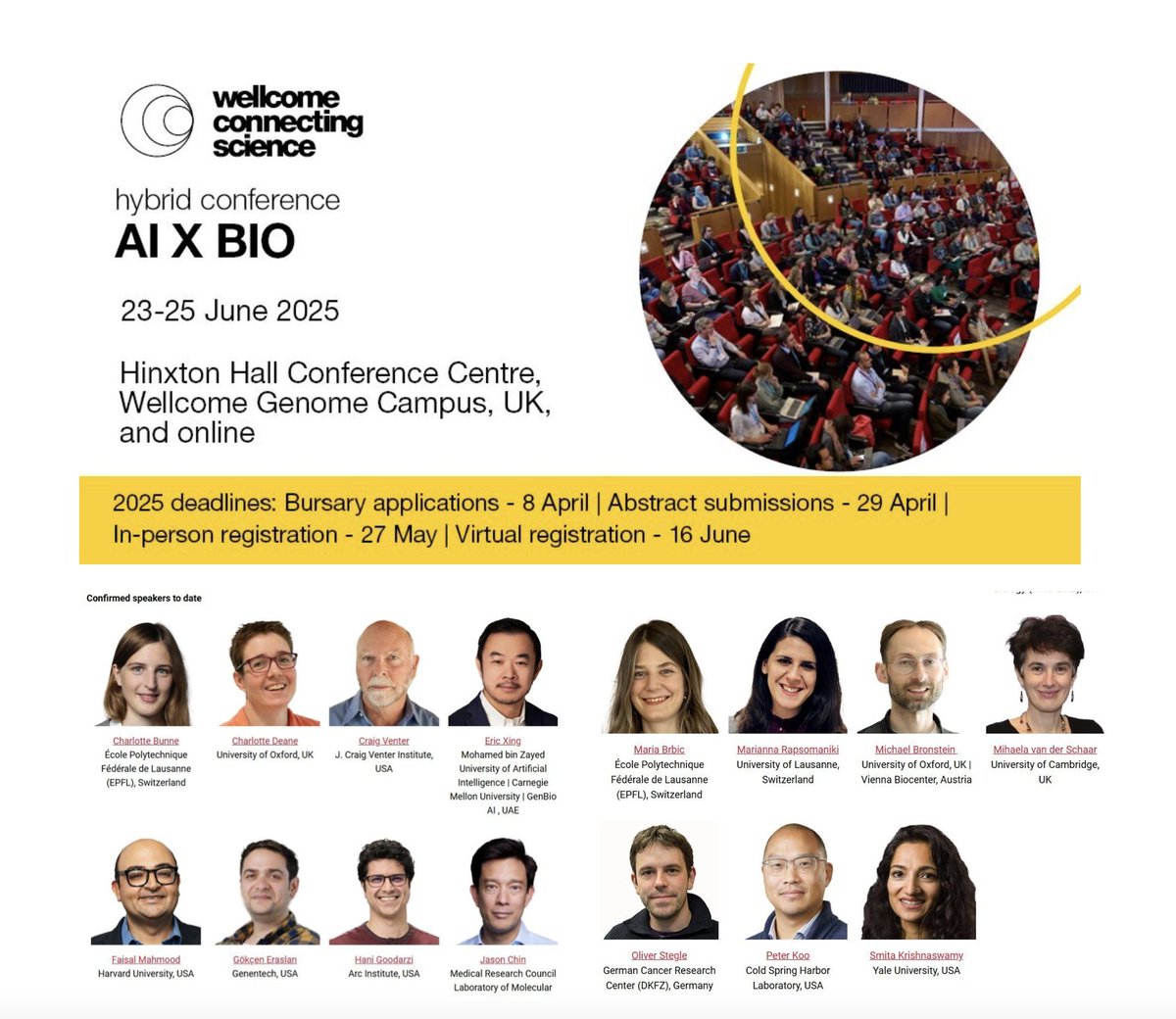 Mo Lotfollahi (@mo_lotfollahi) on Twitter photo I’m excited to co-host the new #AIxBio conference alongside <a href="/Avsecz/">Žiga Avsec</a>, <a href="/ferruz_noelia/">Noelia Ferruz</a>, <a href="/pdhsu/">Patrick Hsu</a>, <a href="/BenLehner/">Ben Lehner</a>, <a href="/ml19/">mary jane</a>, <a href="/deboramarks/">Debora Marks</a>, <a href="/p_tingying/">Tingying Peng</a>, @CarolineUhlerat at <a href="/wellcomegenome/">Wellcome Genome Campus</a>/ <a href="/sangerinstitute/">Wellcome Sanger Institute</a>!
We’ll focus on modellingz and designing DNA, RNA, proteins, and cells, as well as I’m excited to co-host the new #AIxBio conference alongside <a href="/Avsecz/">Žiga Avsec</a>, <a href="/ferruz_noelia/">Noelia Ferruz</a>, <a href="/pdhsu/">Patrick Hsu</a>, <a href="/BenLehner/">Ben Lehner</a>, <a href="/ml19/">mary jane</a>, <a href="/deboramarks/">Debora Marks</a>, <a href="/p_tingying/">Tingying Peng</a>, @CarolineUhlerat at <a href="/wellcomegenome/">Wellcome Genome Campus</a>/ <a href="/sangerinstitute/">Wellcome Sanger Institute</a>!
We’ll focus on modellingz and designing DNA, RNA, proteins, and cells, as well as