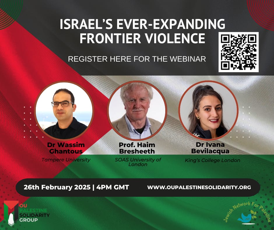 OU Palestine Solidarity Group (@oupalestine) on Twitter photo We are pleased to share details of our next webinar:
'Israel’s ever-expanding frontier violence', with Wassim Ghantous, <a href="/HaimBresh/">Haim Bresheeth</a> and Ivana Bevilacqua
26 February, 4pm GMT
co-sponsored by Jewish Network for Palestine.
Register free:
events.teams.microsoft.com/event/351ddef2… We are pleased to share details of our next webinar:
'Israel’s ever-expanding frontier violence', with Wassim Ghantous, <a href="/HaimBresh/">Haim Bresheeth</a> and Ivana Bevilacqua
26 February, 4pm GMT
co-sponsored by Jewish Network for Palestine.
Register free:
events.teams.microsoft.com/event/351ddef2…
