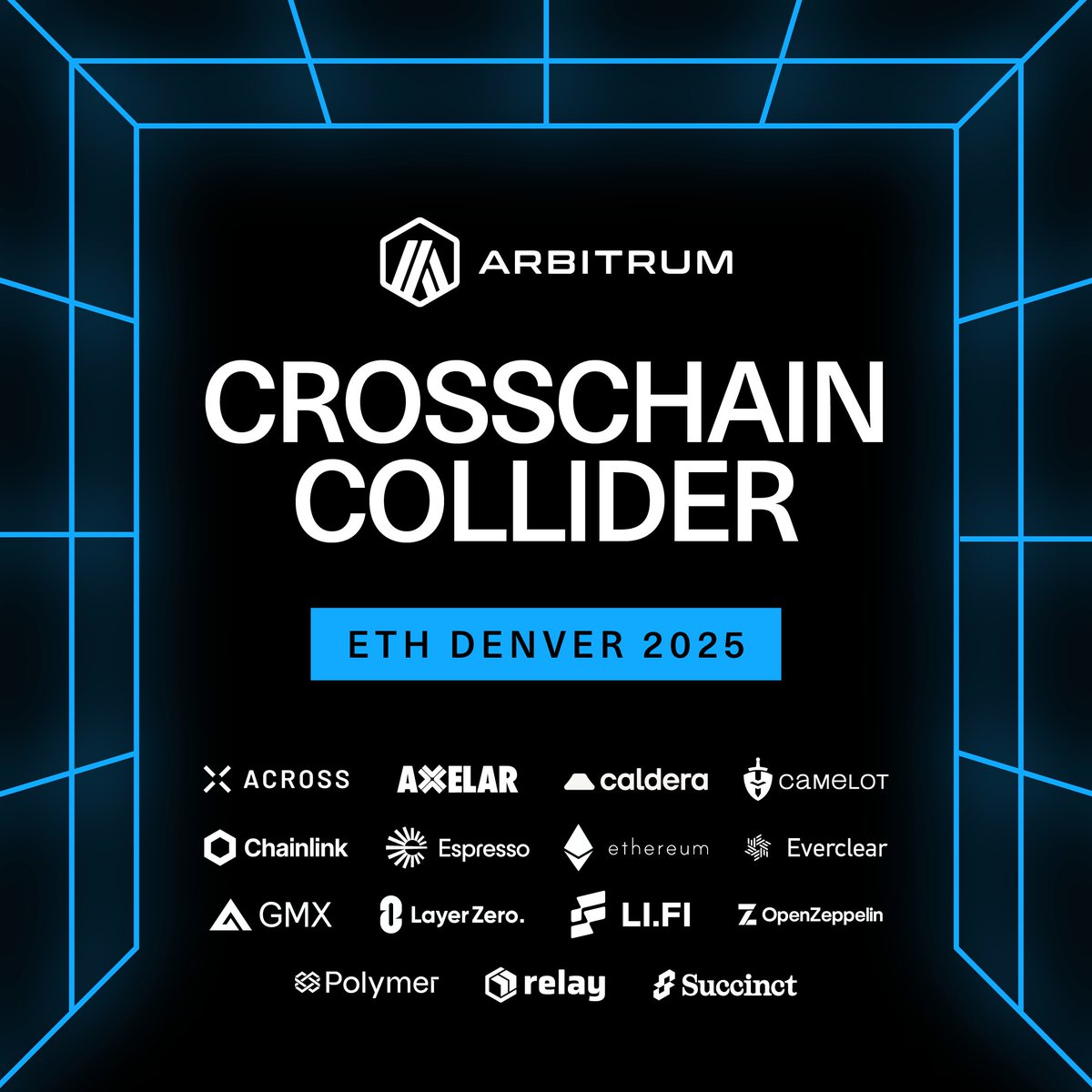 Arbitrum (@arbitrum) on Twitter photo MASSIVE CROSSCHAIN COLLIDER ETH INTEROP PARTY on February 26th!
Register here lu.ma/CrosschainColl…
Shoutout to our partners below for making it happen:
<a href="/AcrossProtocol/">Across</a>
<a href="/axelar/">Axelar Network</a>
<a href="/CamelotDEX/">Camelot</a>
<a href="/Calderaxyz/">Caldera</a>
<a href="/chainlink/">Chainlink</a>
<a href="/ethereumfndn/">Ethereum Foundation</a>
<a href="/EspressoSys/">Espresso ☕️</a>
<a href="/EverclearOrg/">Everclear (prev Connext)</a>
<a href="/GMX_IO/">GMX 🫐</a> MASSIVE CROSSCHAIN COLLIDER ETH INTEROP PARTY on February 26th!
Register here lu.ma/CrosschainColl…
Shoutout to our partners below for making it happen:
<a href="/AcrossProtocol/">Across</a>
<a href="/axelar/">Axelar Network</a>
<a href="/CamelotDEX/">Camelot</a>
<a href="/Calderaxyz/">Caldera</a>
<a href="/chainlink/">Chainlink</a>
<a href="/ethereumfndn/">Ethereum Foundation</a>
<a href="/EspressoSys/">Espresso ☕️</a>
<a href="/EverclearOrg/">Everclear (prev Connext)</a>
<a href="/GMX_IO/">GMX 🫐</a>