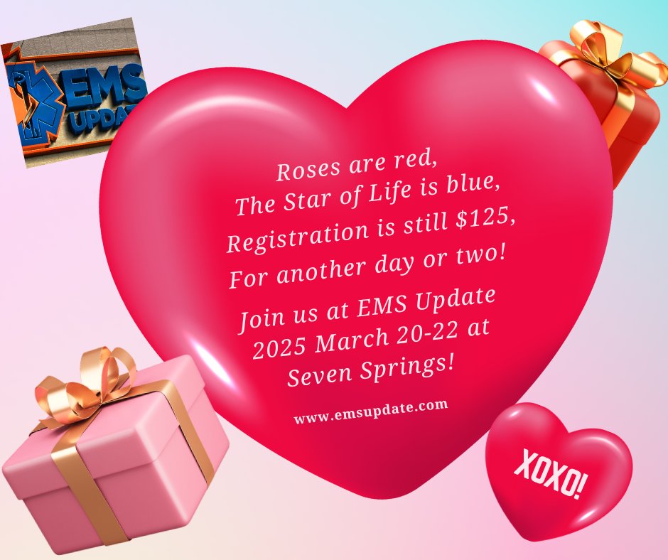 Price increase coming this weekend for EMS Update 2025 at 7 Springs resort, March 20-22. 

Register today to save some $$ so you can buy flowers and chocolates that you forgot to buy yet! 

Info at emsupdate.com