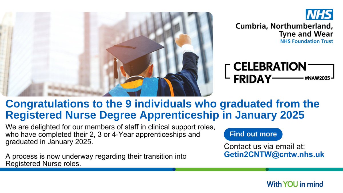 Apprenticeships at CNTW NHS Foundation Trust (@cntwapprentices) on Twitter photo As well as our Occupational Therapy Degree Apprentices graduating, we're also celebrating our 9 graduates of the Registered Nurse Degree Apprenticeship - delivered by <a href="/sunderlanduni/">University of Sunderland</a>. They completed in January 2025.
What a fantastic achievement!
#NAW2025 | #SkillsForLife As well as our Occupational Therapy Degree Apprentices graduating, we're also celebrating our 9 graduates of the Registered Nurse Degree Apprenticeship - delivered by <a href="/sunderlanduni/">University of Sunderland</a>. They completed in January 2025.
What a fantastic achievement!
#NAW2025 | #SkillsForLife