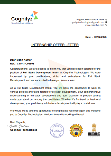 MohitKu77945356's tweet image. Excited to start my journey as a Full Stack Development Intern at Cognifyz Technologies! 🚀 Grateful for this opportunity and looking forward to learning and growing. Let&apos;s build something amazing! 💻✨

#Cognifyz #CognifyzTech #CognifyzTechnologies #FullStack #Internship #Tech