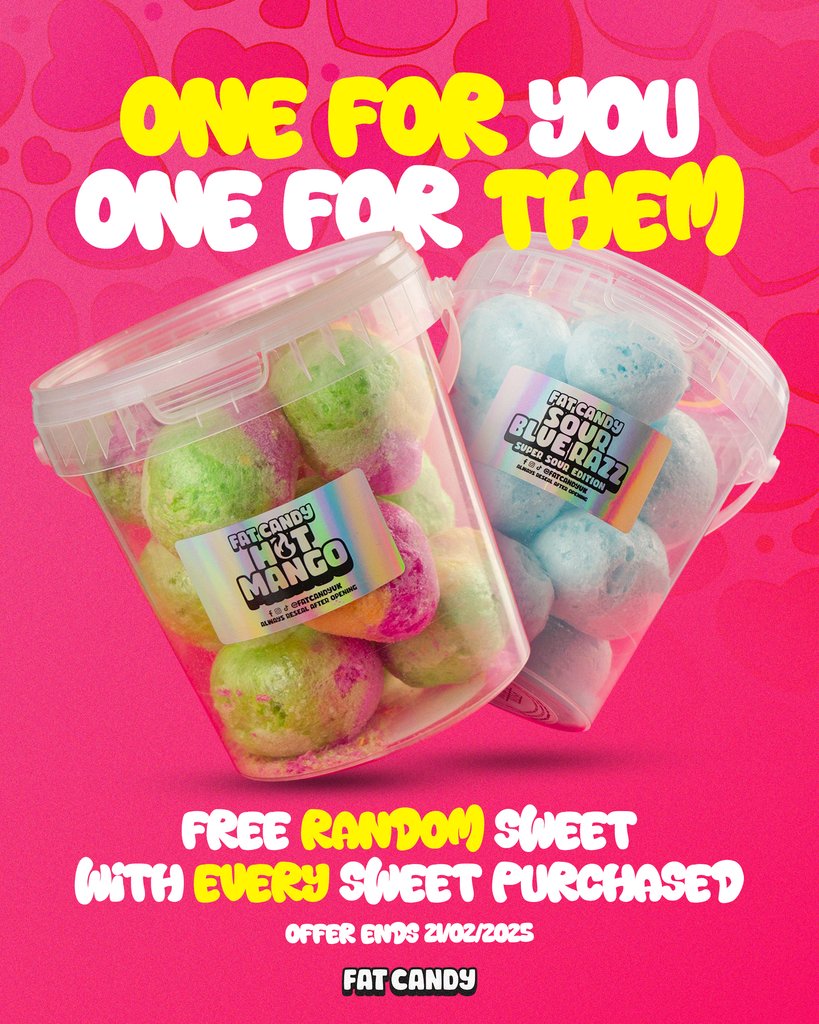 One for you, one for them ❤️

EVERY sweet you treat yourself too, get a FREE one for them.

Buy 1 = 1 free.

fatcandy.co.uk

Offer ends Friday 21st of Feb, 2025.
Offer excludes Mystery Box and Pick 'n' Mix Bundle. 

Full T&amp;C's: fatcandy.co.uk/pages/one-for-…