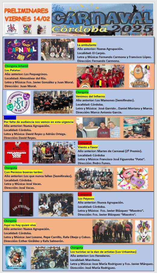 Para celebrar el día de los enamorados tenemos la cuarta función del Concurso de Agrupaciones Carnavalescas de Córdoba. Hoy nos visitan 2 agrupaciones provinciales y una de la localidad de Marchena (Sevilla). #carnavaldecordoba2025