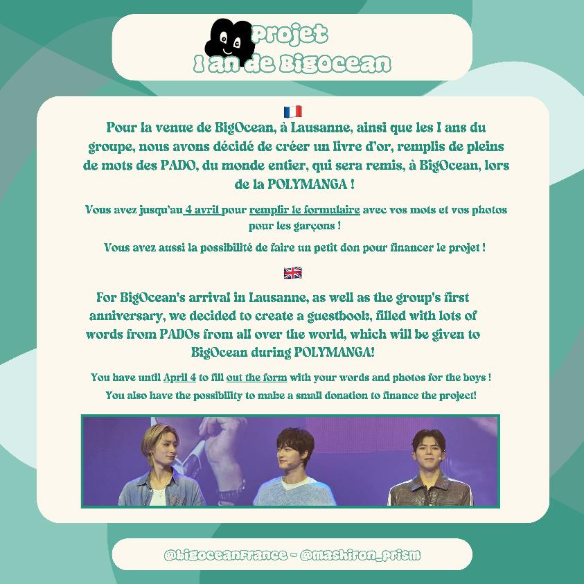 Bonjour PADO !!🌊

Comme vous le savez, Big Ocean viendront à la POLYMANGA, fêtée les 1 an du groupe ! Nous avons décidé d'organiser ce projet de 'Livre D'or', en espérant que cela vous plaira !

🔗forms.gle/SUYCCdYueFwsn2…