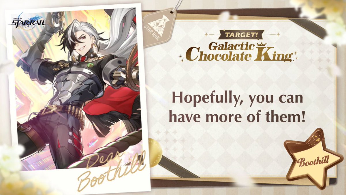 #TargetGalacticChocolateKing
I want to give a gift to #Boothill

[Words you want to say to character]

🔻 Click the link below to make chocolate and receive response! Event will be open until 2/18.
chocolate2025.hsr-event.com/en/share/

<a href="/honkaistarrail/">Honkai: Star Rail</a> #HonkaiStarRail