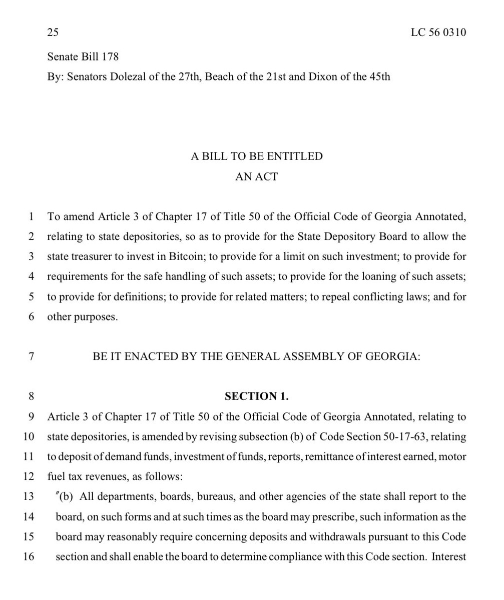 JUST IN: 🇺🇸 A bill to allow state treasurer to invest in #Bitcoin has been introduced in the state of Georgia