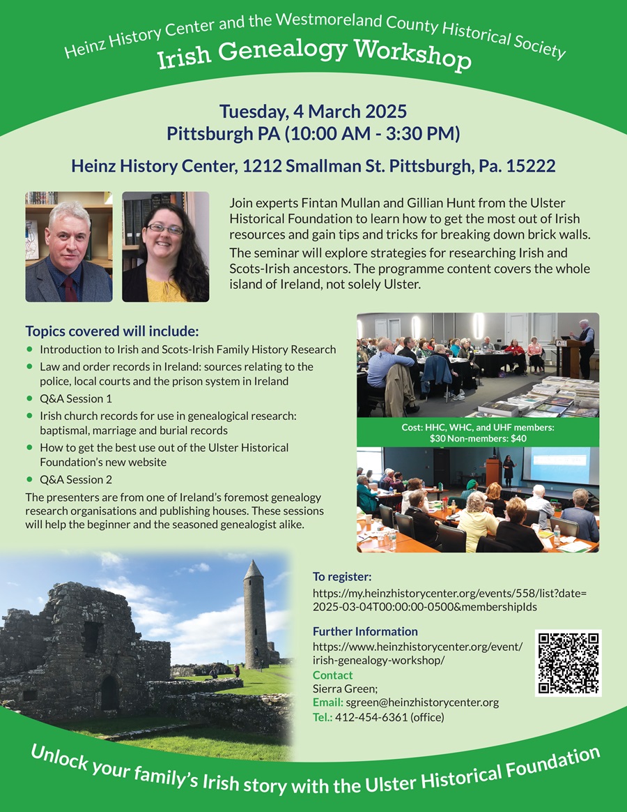 We cannot wait to be back with our friends <a href="/HistoryCenter/">Heinz History Center</a>  &amp;  <a href="/WCHistory/">Westmoreland Historical Society</a>  in #Pittsburgh, #pennsylvania on 4 &amp; 5 March for an #IrishGenealogy seminar and 1-to-1 consultations

Visit: heinzhistorycenter.org/event/irish-ge…  &amp; ulsterhistoricalfoundation.com/events-courses… to book your place

#2025IrishGenealogyTourUSA