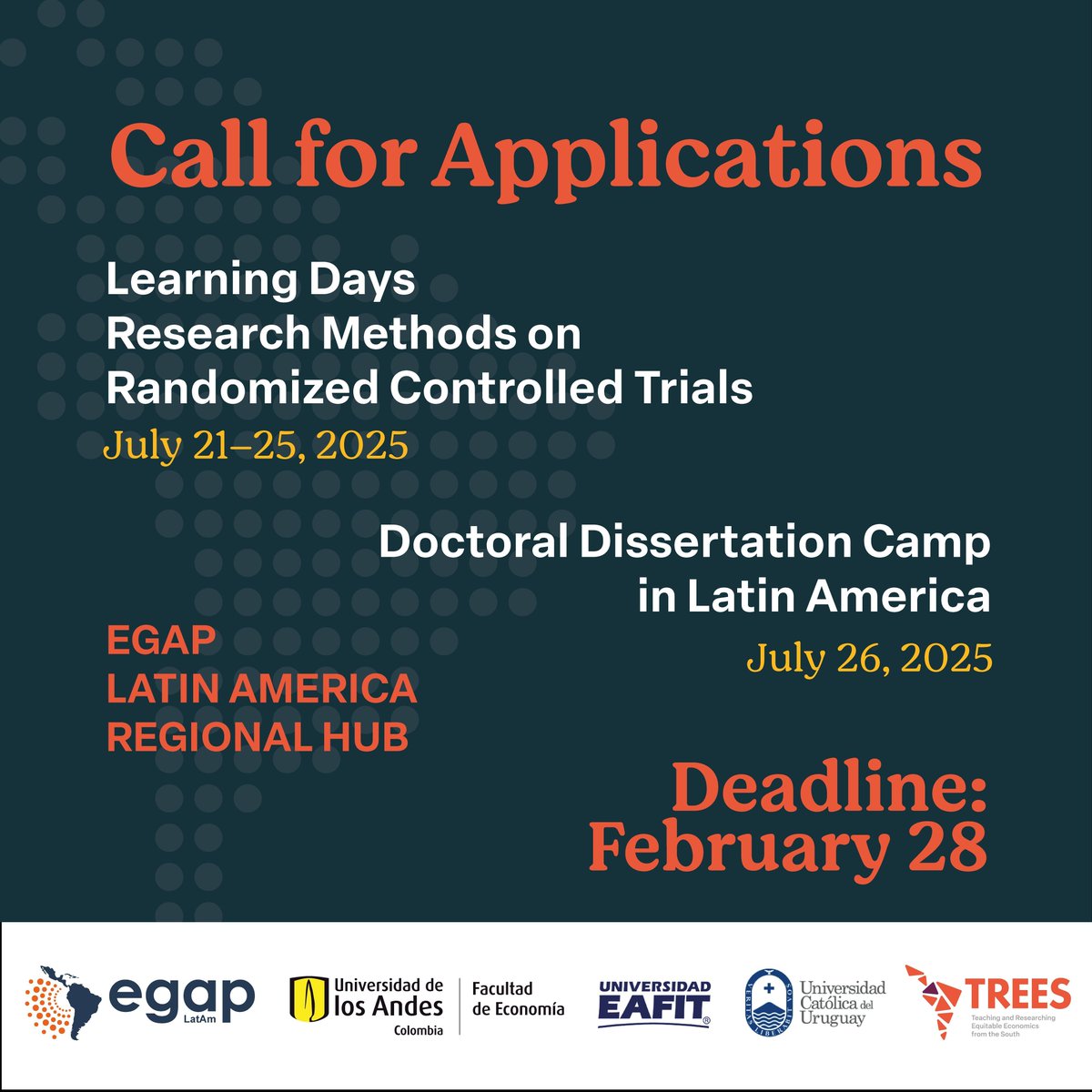 🌟 Reminder: Applications are OPEN! 🌟
Apply now for the EGAP #LatAmHub Learning Days Workshop &amp; Doctoral Dissertation Camp in Uruguay (July 21–26, 2025).
📅 Deadline: Feb 28, 2025
🔗 buff.ly/4gfMRx7 
Advance your research &amp; make an impact in Latin America! 🚀