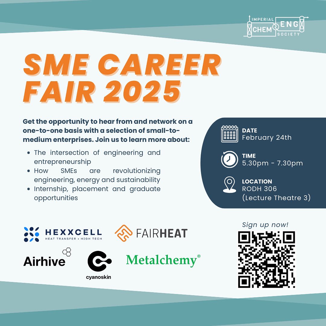 ICChemEngSoc's tweet photo. Ready to change the game with innovative small-medium enterprises? Be sure not to miss the annual SME Careers Fair. 

Participants get free pizza! 🍕

Sign up by scanning the QR code 
(Registration closes on 22nd February (Sat) at 23:59) https://t.co/TLpmLYPU8T