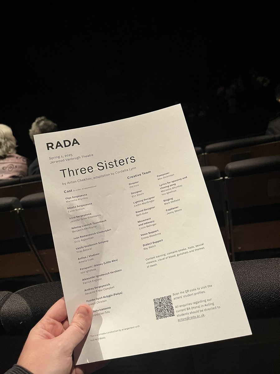 Anton Chekov’s Three Sisters is currently being staged in this radical version <a href="/RADA_London/">RADA (Royal Academy of Dramatic Art)</a>, which sees vibrant performances and stillness in parts where tensions arise - Esme Graham as Masha, and Yoav Besorai as Vasily, are both particularly mesmerising 👏