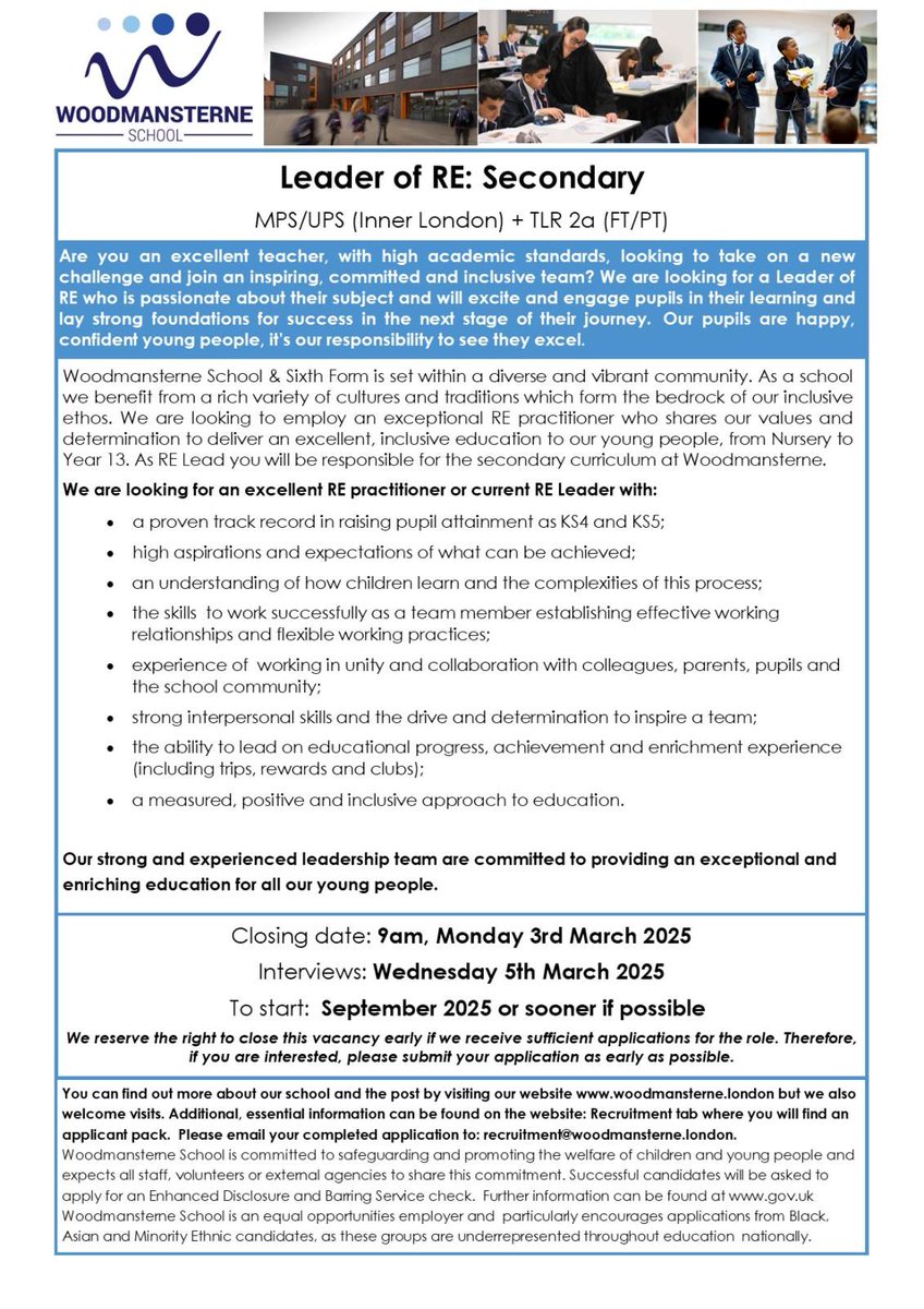 We have a new opening for Leader of RE. Click below for details on how to apply. woodmansterne.london/Leader-of-RE/