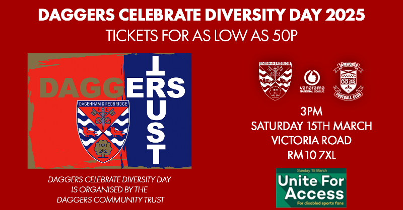 Dag_RedFC's tweet photo. Our game vs @tamworthfc on Saturday 15th March is this year's Daggers Celebrate Diversity Day! 🙌

Ticket Prices and all relevant details can be found below ⤵️

@daggerstrust | @lbbdcouncil
