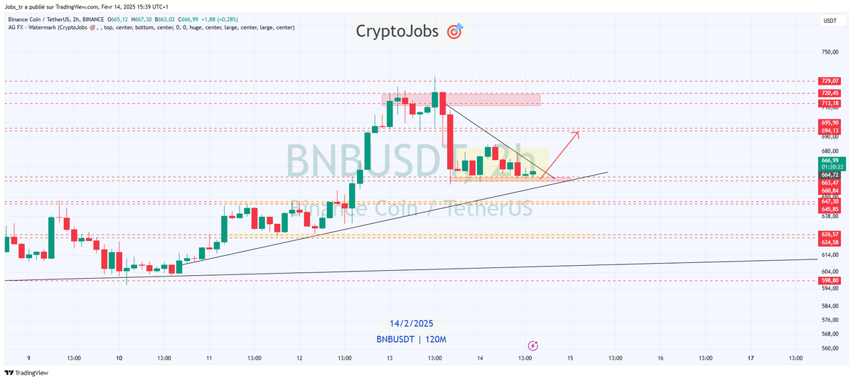 CryptoJobs3's tweet photo. $BNB - update: [ON SUPPORT]📈

As mentionned yesterday, we saw a perfect rejection at the 720$ - 730$ area 🎯

The current price is holding nicely above the 660$ key support.

Keep it simple, a breakout below would lead to a dump toward the 640 or 625$ 

if it hold, then prices will surely revisit the 690 -700$ zone.

Momentum remain bullish, As we are on a daily low (support); chances to see another pump are high📈

Zooming on the H4 views, prices is also holding on a retest area (above uptrend).

I'm taking a long position around 665$ 
Targetting  675 - 680 - 690 and 700$ 🎯

https://t.co/afnd6S5EY4

#BNB #trading #crypto #bull #binance